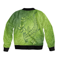 Green Gradient Polynesia Sleeve Zip Bomber Jacket Hawaiian Tribal Hammerhead Shark Tattoo