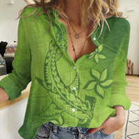 Green Gradient Polynesia Women Casual Shirt Hawaiian Tribal Hammerhead Shark Tattoo