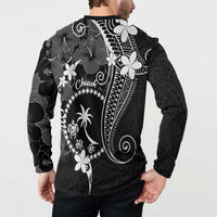 FSM Chuuk Button Sweatshirt Turtle Tropical Flowers Polynesian - Black
