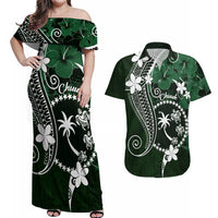 FSM Chuuk Couples Matching Off Shoulder Maxi Dress and Hawaiian Shirt Turtle Tropical Flowers Polynesian - Green