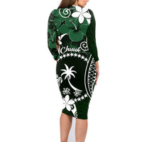 FSM Chuuk Family Matching Long Sleeve Bodycon Dress and Hawaiian Shirt Turtle Tropical Flowers Polynesian - Green