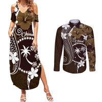FSM Chuuk Couples Matching Summer Maxi Dress and Long Sleeve Button Shirt Turtle Tropical Flowers Polynesian - Brown