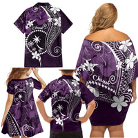 FSM Chuuk Family Matching Off Shoulder Short Dress and Hawaiian Shirt Turtle Tropical Flowers Polynesian - Purple