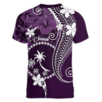 FSM Chuuk Women V-Neck T-Shirt Turtle Tropical Flowers Polynesian - Purple
