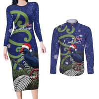 Personalized New Zealand Pukeko Christmas Couples Matching Long Sleeve Bodycon Dress and Long Sleeve Button Shirt Meri Kirihimete Taniko Ponga Koru Blue - Polynesian Pride