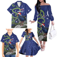 Personalized New Zealand Pukeko Christmas Family Matching Off The Shoulder Long Sleeve Dress and Hawaiian Shirt Meri Kirihimete Taniko Ponga Koru Blue - Polynesian Pride