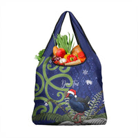 Personalized New Zealand Pukeko Christmas Grocery Bag Meri Kirihimete Taniko Ponga Koru Blue - Polynesian Pride