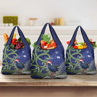 Personalized New Zealand Pukeko Christmas Grocery Bag Meri Kirihimete Taniko Ponga Koru Blue - Polynesian Pride