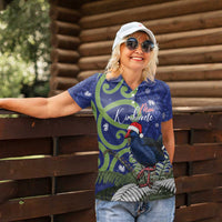 Personalized New Zealand Pukeko Christmas Women Polo Shirt Meri Kirihimete Taniko Ponga Koru Blue - Polynesian Pride
