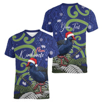 Personalized New Zealand Pukeko Christmas Women V-Neck T-Shirt Meri Kirihimete Taniko Ponga Koru Blue - Polynesian Pride