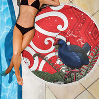 Personalized New Zealand Pukeko Christmas Beach Blanket Meri Kirihimete Taniko Ponga Koru Red - Polynesian Pride