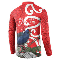 Personalized New Zealand Pukeko Christmas Button Sweatshirt Meri Kirihimete Taniko Ponga Koru Red - Polynesian Pride