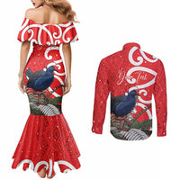 Personalized New Zealand Pukeko Christmas Couples Matching Mermaid Dress and Long Sleeve Button Shirt Meri Kirihimete Taniko Ponga Koru Red - Polynesian Pride