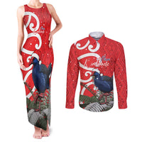 Personalized New Zealand Pukeko Christmas Couples Matching Tank Maxi Dress and Long Sleeve Button Shirt Meri Kirihimete Taniko Ponga Koru Red - Polynesian Pride
