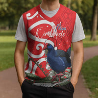 Personalized New Zealand Pukeko Christmas Knitted V-Neck Vest Meri Kirihimete Taniko Ponga Koru Red - Polynesian Pride
