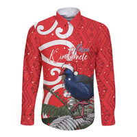 Personalized New Zealand Pukeko Christmas Long Sleeve Button Shirt Meri Kirihimete Taniko Ponga Koru Red - Polynesian Pride