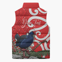 Personalized New Zealand Pukeko Christmas Sleeveless Puffer Jacket Meri Kirihimete Taniko Ponga Koru Red - Polynesian Pride