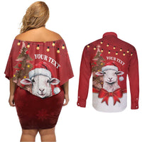 Personalized New Zealand Sheep Christmas Couples Matching Off Shoulder Short Dress and Long Sleeve Button Shirt Hipi Meri Kirihimete Silver Fern Xmas Tree - Polynesian Pride