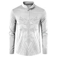 Peniamina Gospel Day Niue Button Sweatshirt Cross Dove Hiapo Pattern White