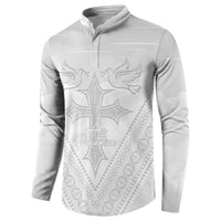 Peniamina Gospel Day Niue Button Sweatshirt Cross Dove Hiapo Pattern White