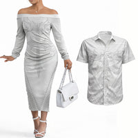 Peniamina Gospel Day Niue Couples Matching Off The Shoulder Long Sleeve Dress and Hawaiian Shirt Cross Dove Hiapo Pattern White LT14 White - Polynesian Pride
