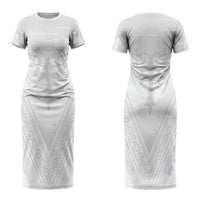 Peniamina Gospel Day Niue Couples Matching Short Sleeve Bodycon Dress and Hawaiian Shirt Cross Dove Hiapo Pattern White