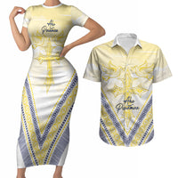 Peniamina Gospel Day Niue Couples Matching Short Sleeve Bodycon Dress and Hawaiian Shirt Cross Dove Hiapo Pattern Yellow