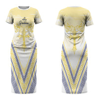 Peniamina Gospel Day Niue Couples Matching Short Sleeve Bodycon Dress and Hawaiian Shirt Cross Dove Hiapo Pattern Yellow