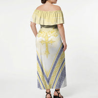 Peniamina Gospel Day Niue Off Shoulder Maxi Dress Cross Dove Hiapo Pattern Yellow LT14 - Polynesian Pride