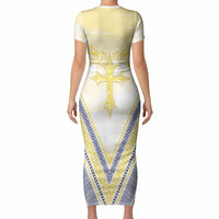 Peniamina Gospel Day Niue Short Sleeve Bodycon Dress Cross Dove Hiapo Pattern Yellow LT14 - Polynesian Pride