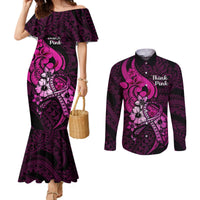 Polynesia Breast Cancer Awareness Couples Matching Mermaid Dress and Long Sleeve Button Shirts Think Pink Polynesian Ribbon Black Version LT14 Pink - Polynesian Pride