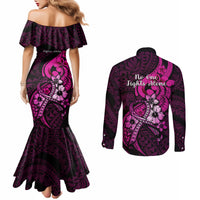 Polynesia Breast Cancer Awareness Couples Matching Mermaid Dress and Long Sleeve Button Shirts Think Pink Polynesian Ribbon Black Version LT14 - Polynesian Pride
