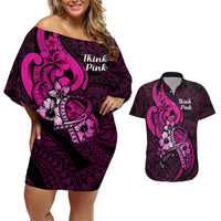 Polynesia Breast Cancer Awareness Couples Matching Off Shoulder Short Dress and Hawaiian Shirt Think Pink Polynesian Ribbon Black Version LT14 Pink - Polynesian Pride