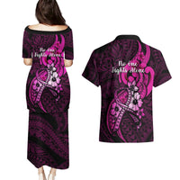 Polynesia Breast Cancer Awareness Couples Matching Puletasi Dress and Hawaiian Shirt Think Pink Polynesian Ribbon Black Version LT14 - Polynesian Pride