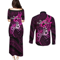 Polynesia Breast Cancer Awareness Couples Matching Puletasi Dress and Long Sleeve Button Shirts Think Pink Polynesian Ribbon Black Version LT14 - Polynesian Pride
