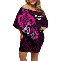 Polynesia Breast Cancer Awareness Off Shoulder Short Dress Think Pink Polynesian Ribbon Black Version LT14 Women Pink - Polynesian Pride
