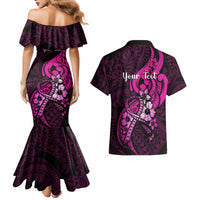 Personalised Polynesia Breast Cancer Awareness Couples Matching Mermaid Dress and Hawaiian Shirt Think Pink Polynesian Ribbon Black Version LT14 - Polynesian Pride