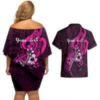 Personalised Polynesia Breast Cancer Awareness Couples Matching Off Shoulder Short Dress and Hawaiian Shirt Think Pink Polynesian Ribbon Black Version LT14 - Polynesian Pride
