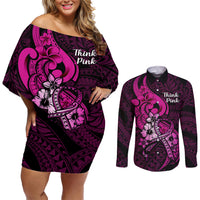 Personalised Polynesia Breast Cancer Awareness Couples Matching Off Shoulder Short Dress and Long Sleeve Button Shirts Think Pink Polynesian Ribbon Black Version LT14 Pink - Polynesian Pride
