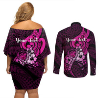 Personalised Polynesia Breast Cancer Awareness Couples Matching Off Shoulder Short Dress and Long Sleeve Button Shirts Think Pink Polynesian Ribbon Black Version LT14 - Polynesian Pride