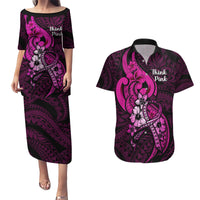 Personalised Polynesia Breast Cancer Awareness Couples Matching Puletasi Dress and Hawaiian Shirt Think Pink Polynesian Ribbon Black Version LT14 Pink - Polynesian Pride
