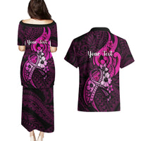 Personalised Polynesia Breast Cancer Awareness Couples Matching Puletasi Dress and Hawaiian Shirt Think Pink Polynesian Ribbon Black Version LT14 - Polynesian Pride