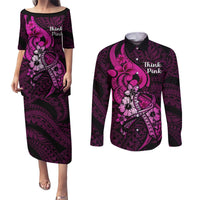 Personalised Polynesia Breast Cancer Awareness Couples Matching Puletasi Dress and Long Sleeve Button Shirts Think Pink Polynesian Ribbon Black Version LT14 Pink - Polynesian Pride