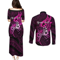 Personalised Polynesia Breast Cancer Awareness Couples Matching Puletasi Dress and Long Sleeve Button Shirts Think Pink Polynesian Ribbon Black Version LT14 - Polynesian Pride
