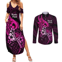 Personalised Polynesia Breast Cancer Awareness Couples Matching Summer Maxi Dress and Long Sleeve Button Shirts Think Pink Polynesian Ribbon Black Version LT14 Pink - Polynesian Pride