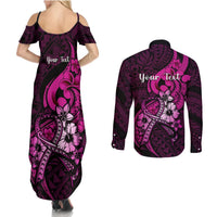 Personalised Polynesia Breast Cancer Awareness Couples Matching Summer Maxi Dress and Long Sleeve Button Shirts Think Pink Polynesian Ribbon Black Version LT14 - Polynesian Pride