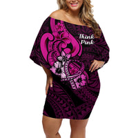 Personalised Polynesia Breast Cancer Awareness Off Shoulder Short Dress Think Pink Polynesian Ribbon Black Version LT14 Women Pink - Polynesian Pride