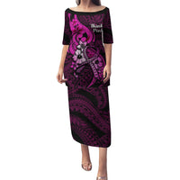 Personalised Polynesia Breast Cancer Awareness Puletasi Think Pink Polynesian Ribbon Black Version LT14 Long Dress Pink - Polynesian Pride