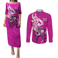 Polynesia Breast Cancer Awareness Couples Matching Puletasi Dress and Long Sleeve Button Shirts Think Pink Polynesian Ribbon White Version LT14 Pink - Polynesian Pride