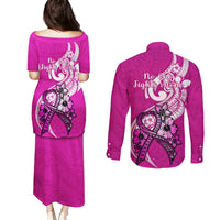 Polynesia Breast Cancer Awareness Couples Matching Puletasi Dress and Long Sleeve Button Shirts Think Pink Polynesian Ribbon White Version LT14 - Polynesian Pride